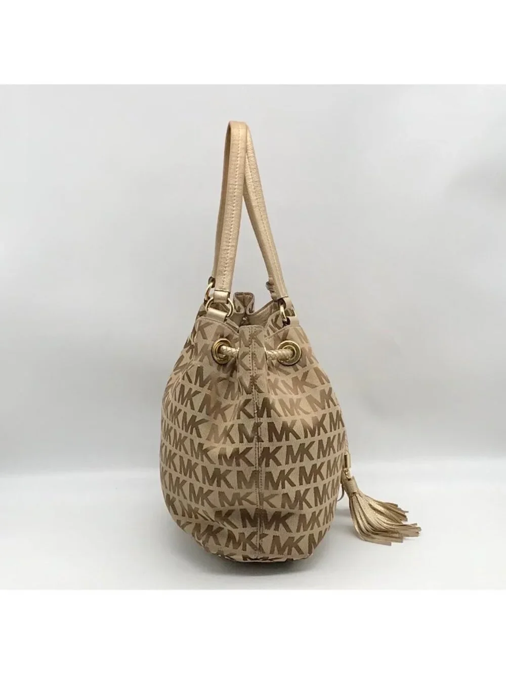 Michael Kors Brown & Gold Monogram Canvas Gathered Jet Set Tote Bag